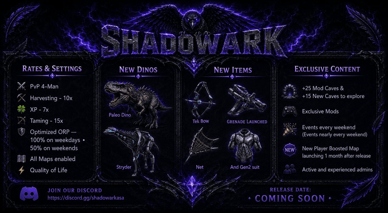 Shadow ARK — ASA crossplay PvP server: rates, new dinos, new items and exclusive content. Opening soon.